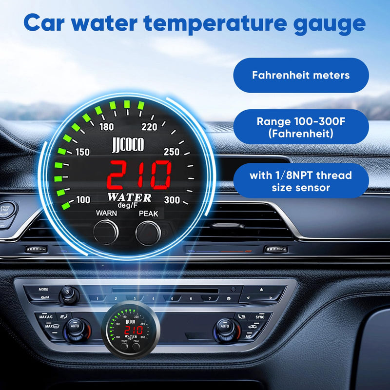 Universal 52mm Water Temperature Gauge with Alarm and 1/8 Npt Sensor Car Digital Meter Red Display Green Ambient Light Temp 100-300F(-17~187C) Green Water Temperature Gauge