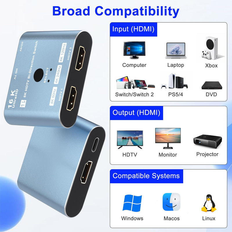 8K/16K Hdmi 2.1 Switcher 2 in 1 Out, Bidirectional Hdmi Splitter Support 4K@120HZ/240Hz 16K@30Hz/8K@60Hz DTS VRR HDR10+ Dolby, 48Gbps 2 Computers 1 Monitor Hdmi Switch for Switch PS5 Xbox Roku TV