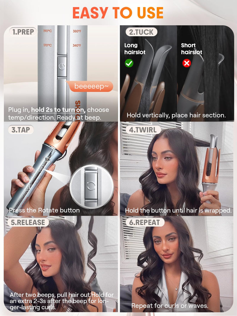SHEGLAM Automatic Curling Iron 25mm / 1inch with Ceramic Coating, 3 Temperature Levels (170-210°C), Quick Heating Self Rotating Curler for Hair Styling (25mm) Orange