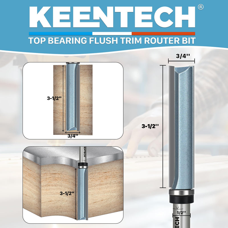 KEENTECH 1/2" Shank Flush Trim Router Bit with Top Bearing, Extra Long, Carbide Tipped Pattern Bit for Woodworking, Heavy Duty Template Cutting Tool, 3/4" Diameter x 3-1/2" Cutting Depth 1-Piece 1/2"(Shank) 3/4"(Dia.)*3-1/2"(Depth)
