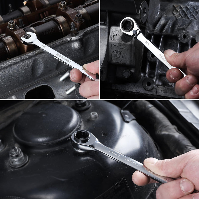 WORKPRO 7-Piece 3-in-1 Reversible Ratchet Wrench Set, Metric 8mm to 17mm, 6PT & 12PT & Open-End Wrenches, 72-Teeth Ratcheting Combination Wrench with Rolling Pouch