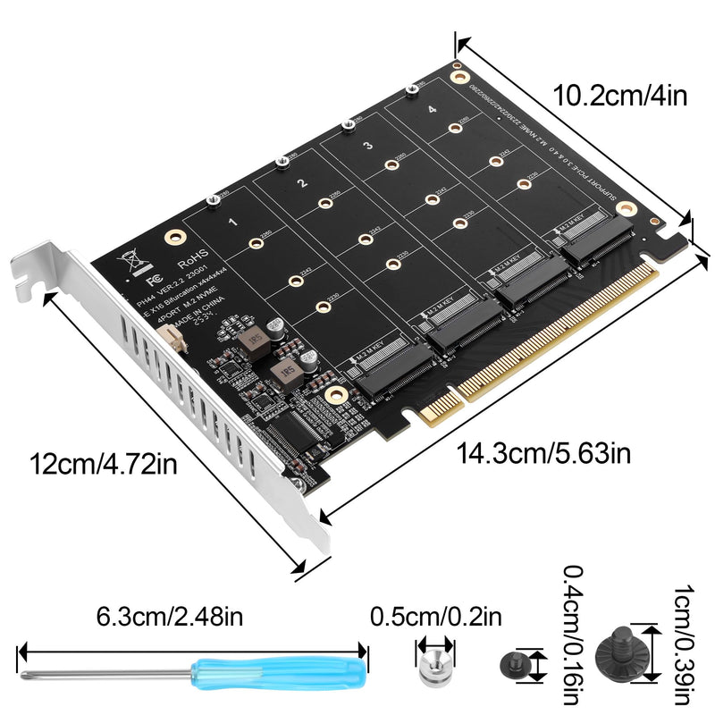 PCIe 4.0 x16 to 4 Port M.2 NVMe SSD Adapter Card, PCIe Bifurcation RAID Controller, 4x 64Gbps Full Speed, Supports 4x NVMe SSD with Individual LED Activity Lights & Soft RAID for Windows 10/11