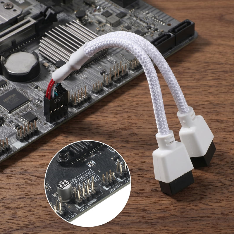 Vin Beauty 2 PCS Motherboard USB 2.0 to Dual 9 Pin Extension Splitter | USB Header Splitter Internal USB Hub for Internal Motherboard, White Braided