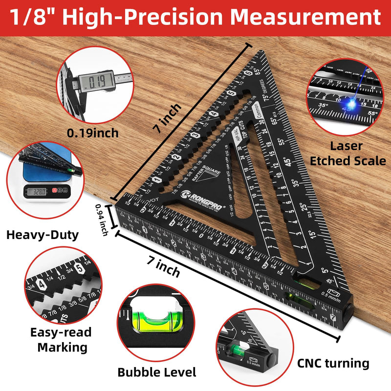 7inch Rafter Square with Level Vial, Heavy Duty Multi-Purpose Aluminum Triangle Ruler with Carpenter Pencil for Woodworking and Home DIY