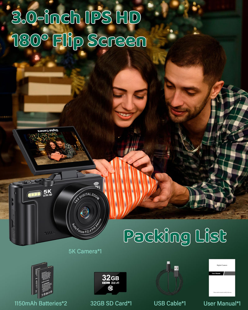 Digital Camera 5K WiFi Cameras for Photography 75MP UHD Autofocus Vlogging | 5K 75MP WiFi Camera for YouTube, Compact Travel Video Camara Beginner, 3" 180° Flip Screen, 18X Zoom, Memory Card, Batteries Black