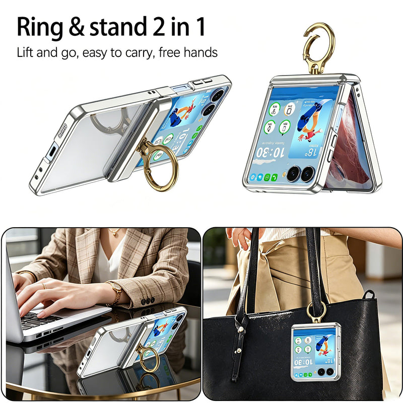 Designed for Samsung Galaxy Z Flip 8 Case with Ring Holder Hinge Protection | Ultra Slim Crystal Plating Protective Cover Case with Screen Protector for Z Flip 8 Clear Silver Clear Silver B