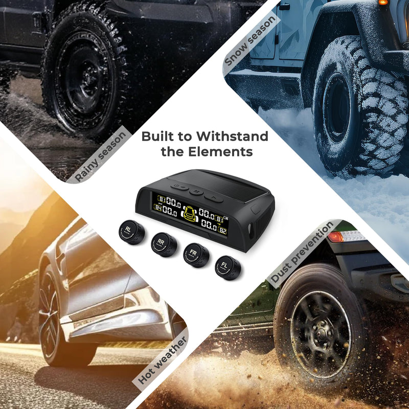 Tire Pressure Monitoring System - TPMS with Solar and USB Charger, 4 Tire Sensors and 6 Alarm Modes, Auto on/Off and Voice Prompt, TPMS with Color LCD Screen, for RV, Sedan, SUV, MPV, etc
