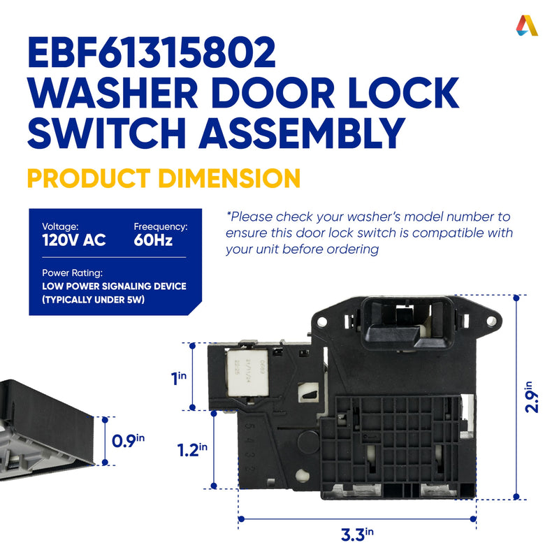 EBF61315802 Washer Door Lock Switch Fit for L.G Washer WM3670HVA WM3670HWA WM3700HWA WM3080CW WM3770HVA WM3770HVA WM3500CW WM3400CW Also Fit for Ken-more 796 series Washer Door Latch