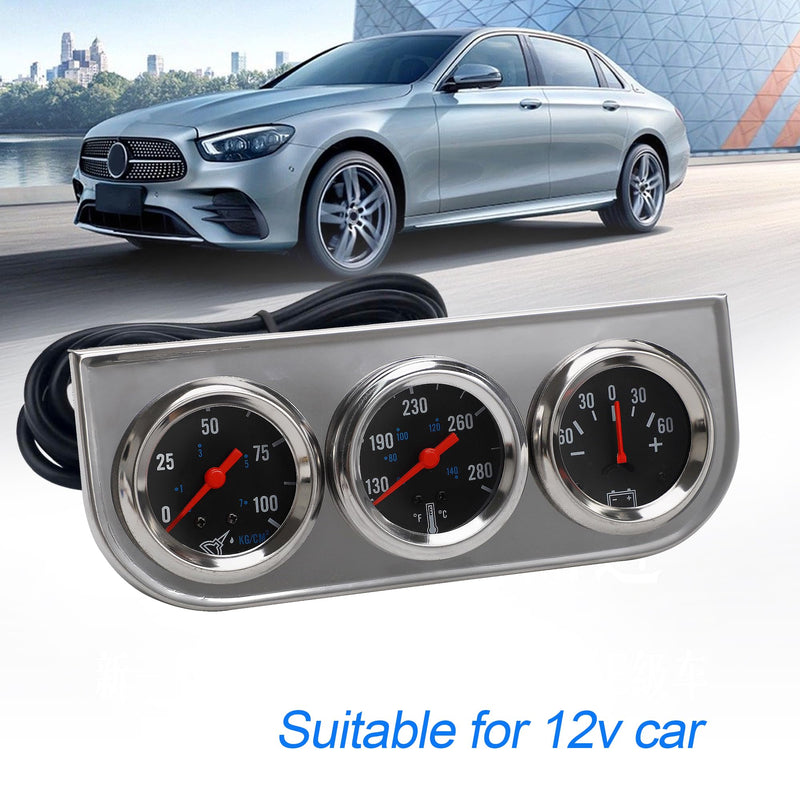 2" 52mm Triple Gauge Kit Chrome Panel 3in1 Car Meter Oil Pressure Fahrenheit Water Temp Ammeter Gauges for 12V Car Boat Truck Black Face