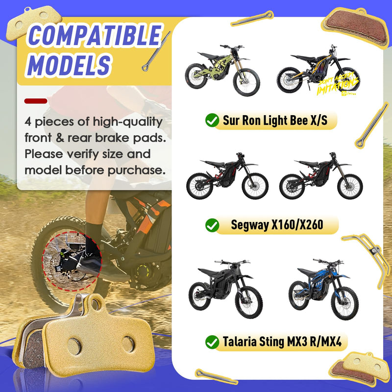 4 Packs Replacement Genuine Front and Rear Basin Brake Pads for Sur Ron Light Bee X/S, Talaria Sting MX3 R/MX4 and Segway X160/X260, Electric Off-Road Bike Replacements 4 Pack
