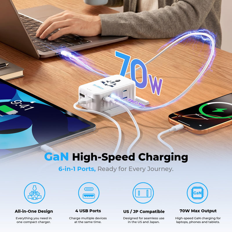 Aura 70W International Travel Adapter, 36mm Ultra-Slim 6-in-1 Universal Wall Charger, PD & QC 3.0 Fast Charging Essentials for Laptop, Phone, UK Europe USA Australia (Arctic White) Arctic White