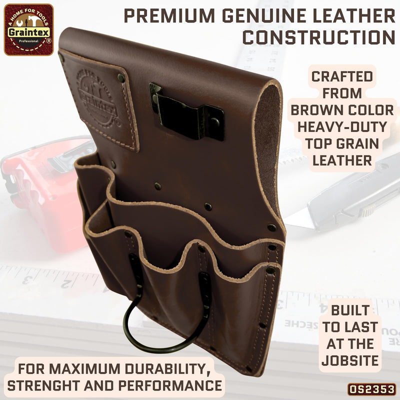 Graintex Drywall Pouch Brown Color Heavy Duty Top Grain Leather, Steel Hammer Holder, Drywall Tool Belt, Framers Tool Pouch, Construction, Carpenter, Electricians - OS2353 Right Handed