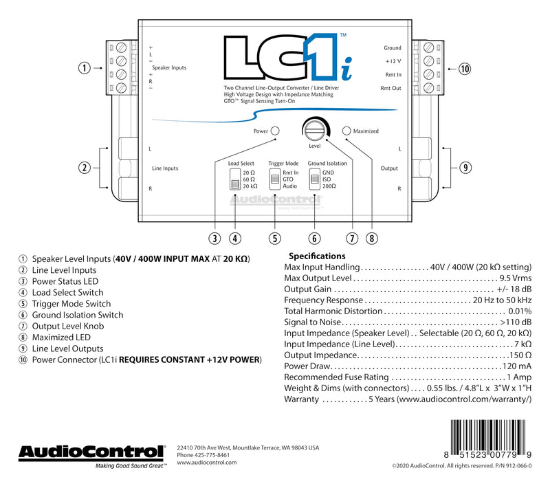 AudioControl LC1i Active 2-Channel Line Driver/Line Output Converter, Provides Input Signal to Add Amplifier to Factory Car Radio. Impedance Matching, Distortion Free