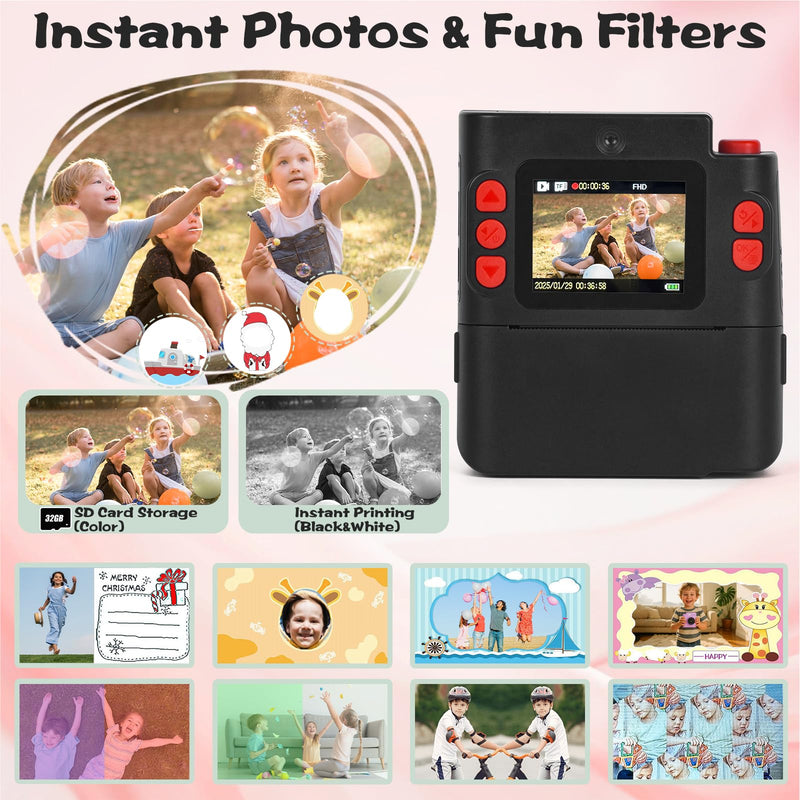 Kids Camera Instant Print, 1080P HD Dual-Lens Selfie Digital Camera with 5 Printing Paper Rolls & 32G TF Card, for Children, Portable Toddler Toy for Age 3-12 Boys & Girls (Black) Black