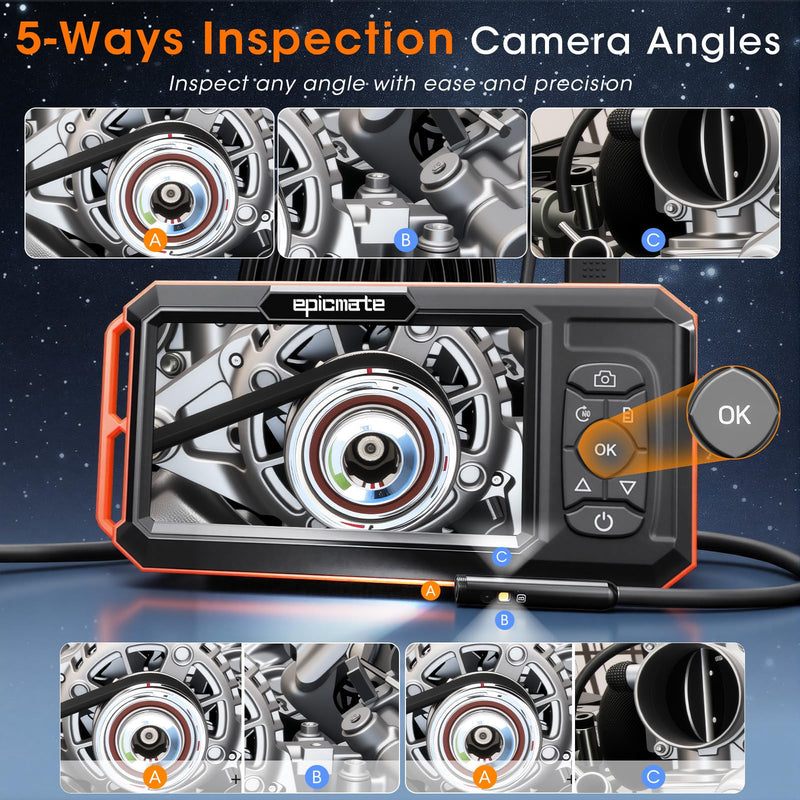 Endoscope Camera with Light, 5" IPS 1920P HD Borescope with Triple Lens, Inspection Borescope with 16.4FT Semi-Rigid Snake Cable and 32GB Card, IP67 Waterproof Drain Camera for Sewer/Pipe/Automotive