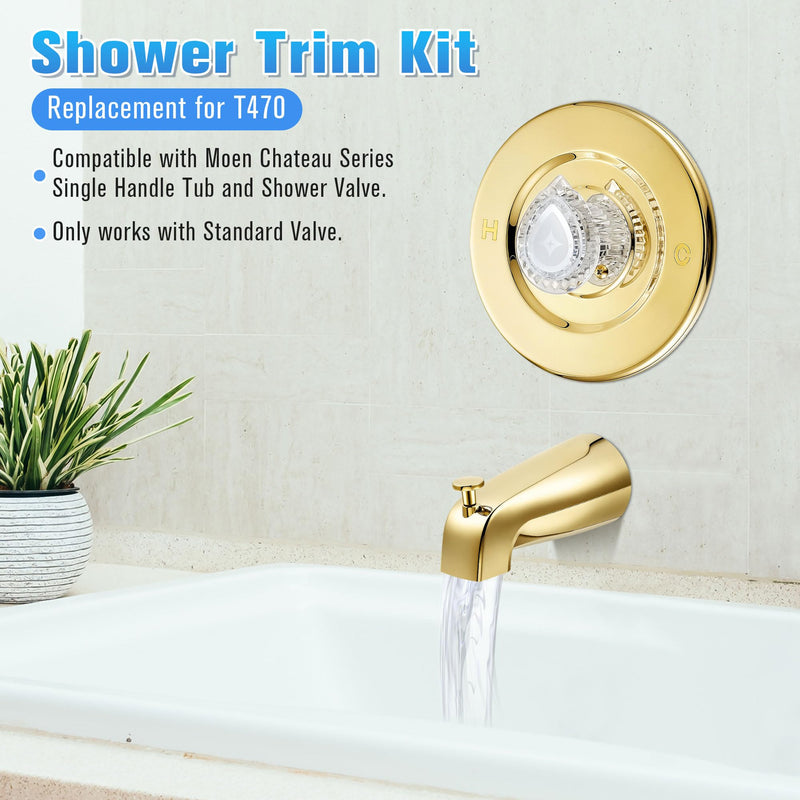 Enhon Tub and Shower Trim Kit, Shower Trim Compatible with Moen Chateau T470 Single Handle Tub/Shower Standard Valve, Escutcheon Screws Tube and Handle(Polished Brass) Polished Brass