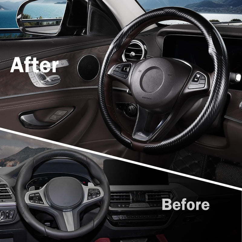 Carbon Fiber Steering Wheel Cover, Thin Steering Wheel Cover Protector Universal Car Steering Wheel Accessories, Matte Black A matte black