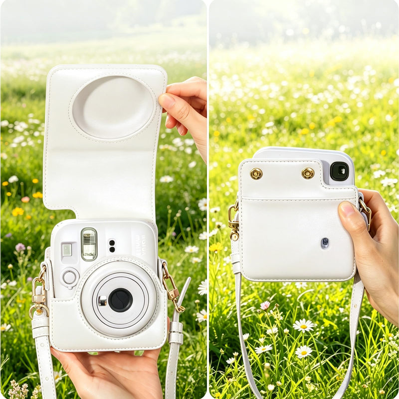 Camera Case for Fujifilm Instax Mini 13/12 Instant Camera, White | Mini 13 Camera Protective Case, Mini 13/12 Case Cover, PU Leather Bag, Pearlescent Stripes Bag, Adjustable Strap, No Camera