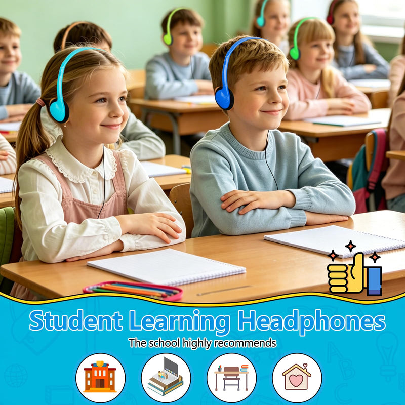 Classroom Headphones Bulk 10 Pack for Kids Students, Wired | On Ear Headphones for School Teens Adults Testing Online Learning, 3.5mm Jack for Laptop Chromebook Mixed Colors