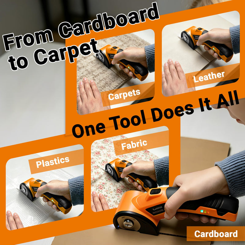 Electric Scissors with 5 Blades & Storage Bag – Cordless Rechargeable 4V Box Cutter, 2000mAh Battery, LED Light & Safety Lock, Heavy-Duty Cutting for Cardboard, Leather, Cloth, Carpet & Plastic Orange