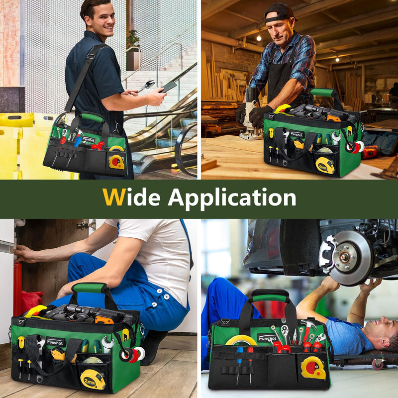16 Inch Heavy Duty Tool Bag, Compact Tool Organizer with 17 Pockets, Wide Mouth Tool Tote with Adjustable Shoulder Strap, Portable Work Bag for Electricians, Mechanics, Contractors, DIY & Home Repair Green 15.6"L x 8.3"W x 9.5"H
