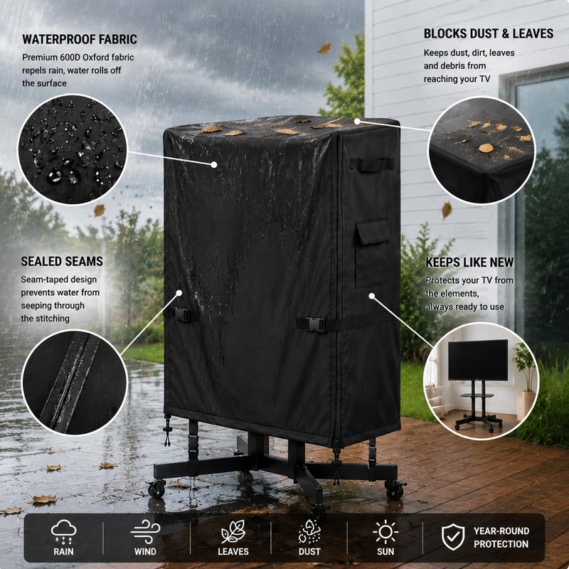Outdoor TV Cart Cover, 48”L × 15.7”W × 57”H, Fits Most 45–50 Inch Rolling TV Stands, Heavy Duty Waterproof Oxford Cover with Dual Waterproof Zippers, 4 Windproof Buckle Straps & Drawstring 48"L × 15.7"W × 57"H