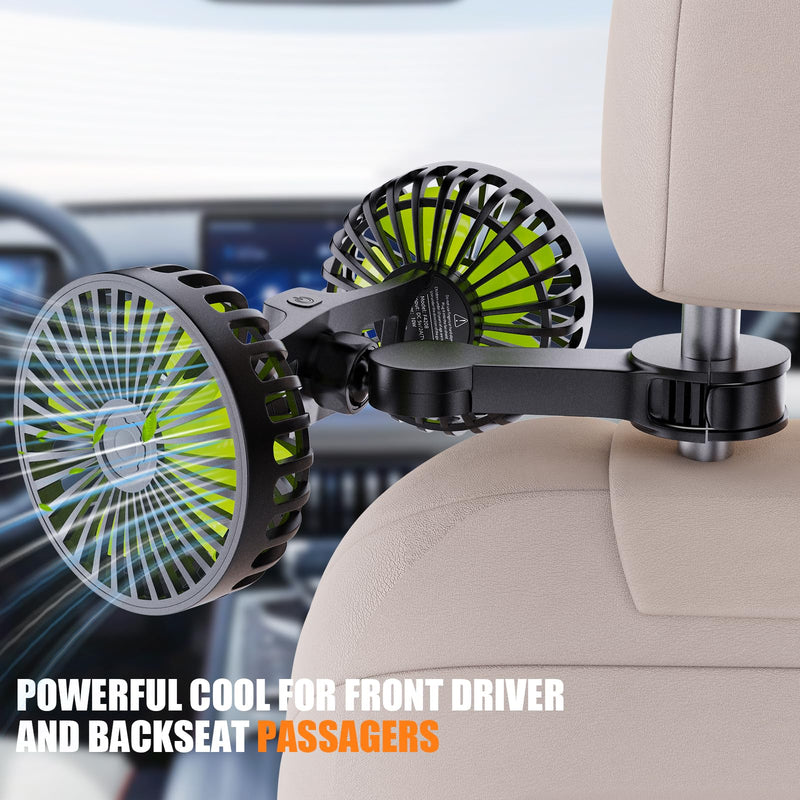 Dual Head USB Car Fan, 3 Speeds 360° Rotatable Backseat Headrest Fan, Quiet 5V/2A Electric Air Circulation Fan for Kids, Pets, Sedan SUV RV Truck black green Large