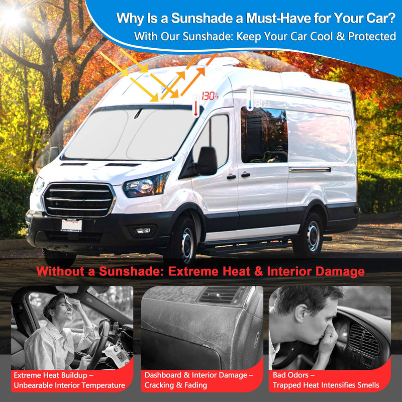 Front Side Window Sun Shade for 2015-2024 Fo-rd Transit Van High and Medium Roof Accessories, Foldable Window Sunshade Sun Visor Protector, Side Shades Sun Shield Blocks UV Ray Heat, Pack of 2 Silver & Black-Fit 2015-2024 Ford Transit