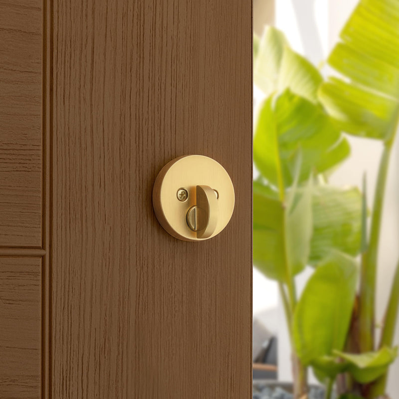 Kwikset Uptown Deadbolt Lock, Satin Brass Round Exterior Keyed Front Entry Door, Pick Resistant SmartKey Rekey Security, Single Cylinder Dead Bolt, with Microban Protection 0.5" x 2.63" x 2.63"