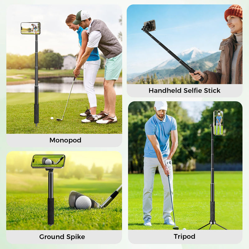Golf Selfie Stick Tripod & Ground Spike to Record Swing, Phone Mount | Golf spike& tripod, strong magnetic mount, 11.4–47in adjustable pole, 1/4" thread, portable& compact, durable aluminum design