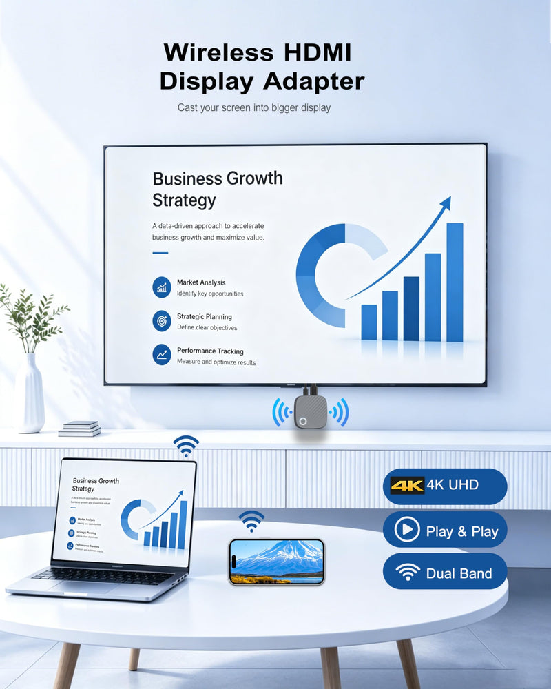 True 4K Wireless HDMI Display Dongle for TV, Screen Mirroring Adapter | Supports AirPlay Miracast DLNA. Cast screens from iOS Android Windows macOS to TV Projector Monitor. 2.4G/5G WiFi, 65 ft