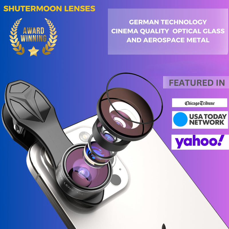 SHUTTERMOON iPhone Camera Lens Kit iPhone Smartphones/Pixel/Samsung/Android Phones Camera. 2xTele Lens ZoomLens+Fisheye Lens+0.36XSuper Wide Angle Lens & 20X Macro Lens CPL.Blue &Red Filter Filter 11 in 1