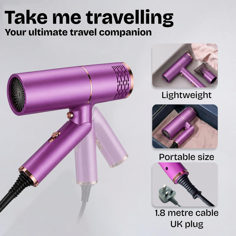 Travel Hairdryer Foldable Powerful 1800W | Foldable Ionic Hair Dryer | Fast Drying Compact and Portable Mini Blow Dryer with Negative Ion | Ideal for Travelling (White) White