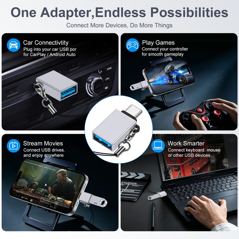 USB C to USB A Adapter,4 Pack USB C Male to USB A 3.0 Female OTG Adapter | Type C Male to USB Female 3.0 Charger Adapter for iPhone 17 Pro Max,17Pro,17e,16e,16 Pro,16,15 Plus,PC,Laptop,Tablet,Keyboard Gray