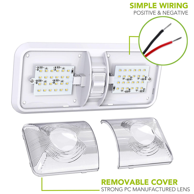 2 Pack RV LED Ceiling Double Dome Light Fixture with ON/OFF Switch Interior Lighting for Car/RV/Trailer/Camper/Boat DC 12V Natural White 4000-4500K 48X2835SMD