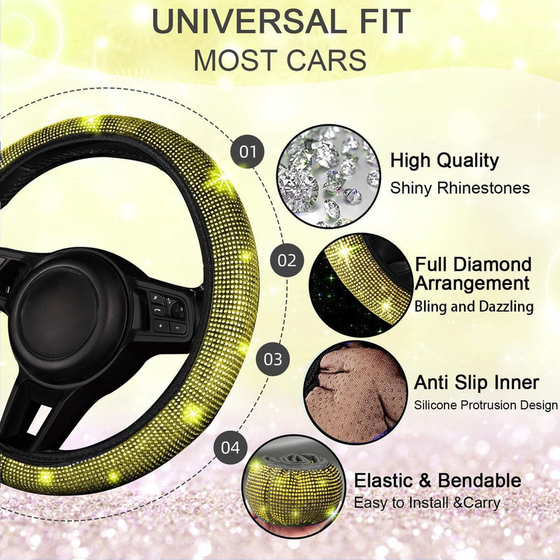 NBTEPEM 30 Pcs Yellow Bling Car Accessories Set for Women, Steering Wheel Cover Set, Bling Console Cover, Seat Belt Cushion, Shift Knob Cushion, Cup Holder Coaster, Rhinestone Car Hanging Accessories Yellow Diamond