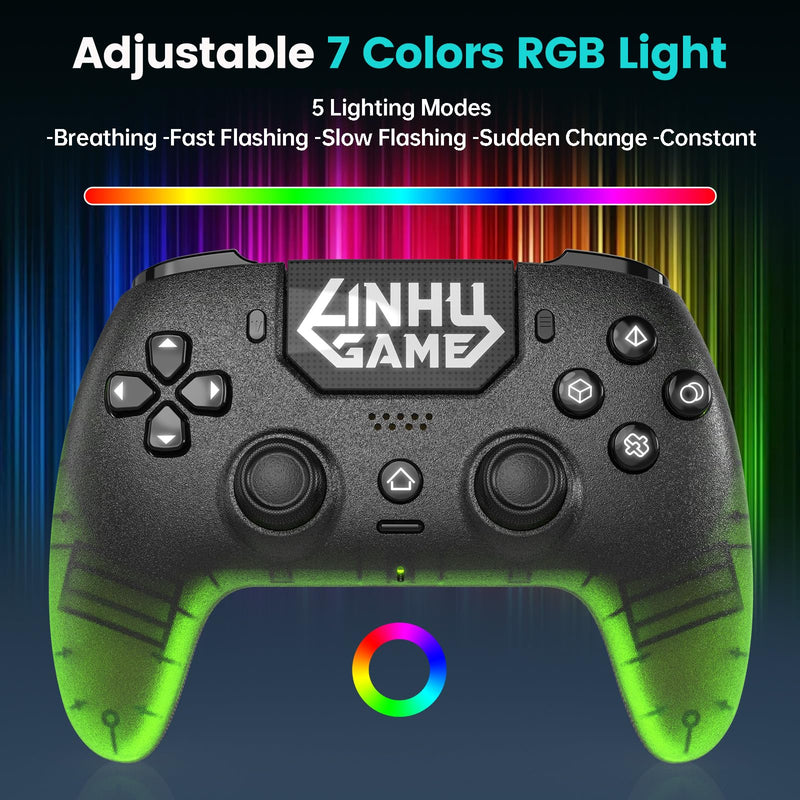 linhugame Transparent Wireless Controller for PS5/Pro/Slim/PC(Electric green),Full surround RGB, Hall-Effect Joysticks and Trigger, Macro, 1500mAh, Speaker and Mic