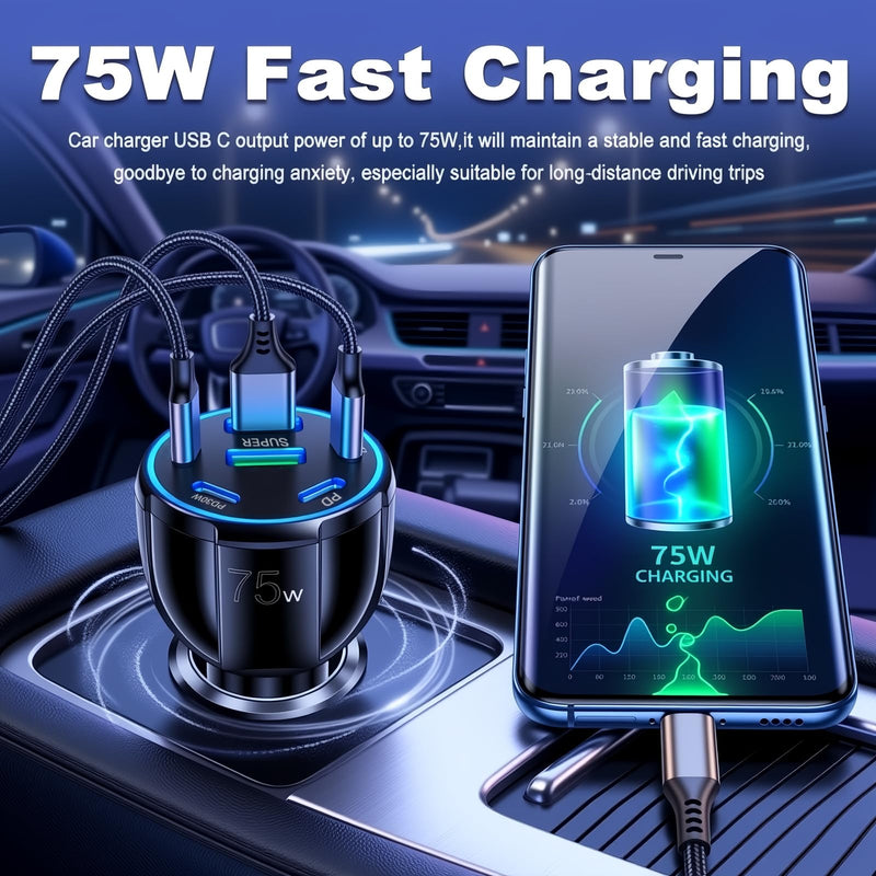 2026 Upgraded 6 Port Car Charger USB C & USB A,75W Fast Car Charger Adapter for Super/PD30W/PD/3.1A,12V/24V Cars Cigarette Lighter Chargers Cars Chargers Port for Phones,Tablets 6 Ports