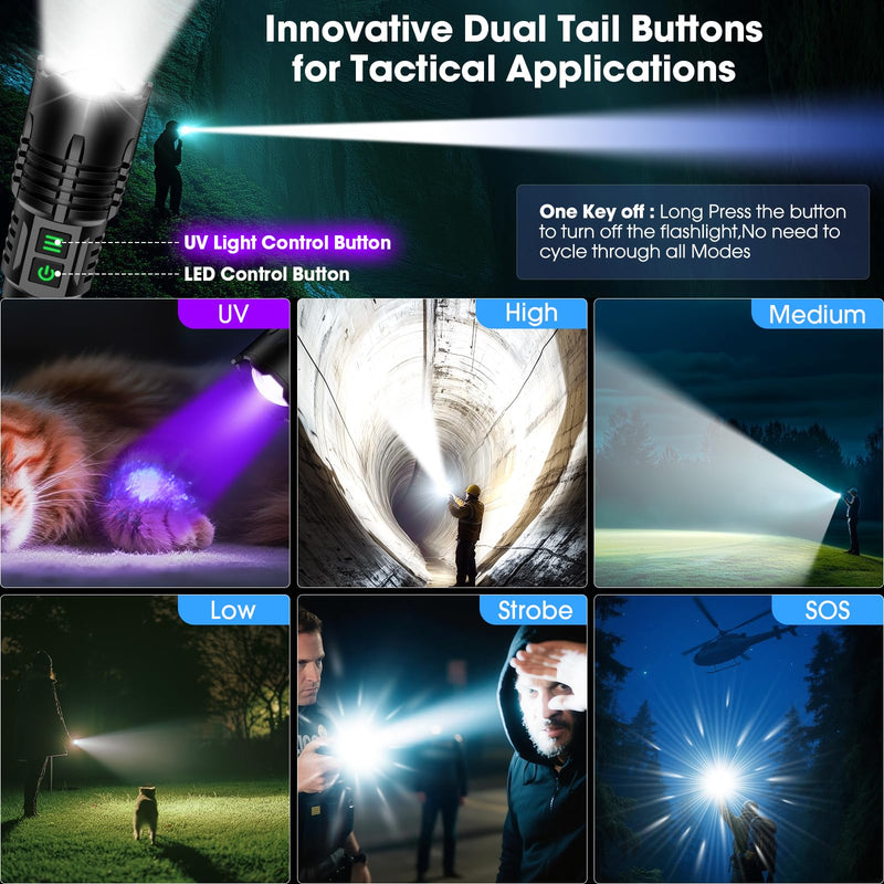 UV Blacklight&High Lumens Flashlight Rechargeable, Powerful Blacklight Flashlights for Pet Urine Detection, Resin Curing, Scorpion, Zoomable Waterproof Tactical LED Flashlight for Camping, Emgergency Black