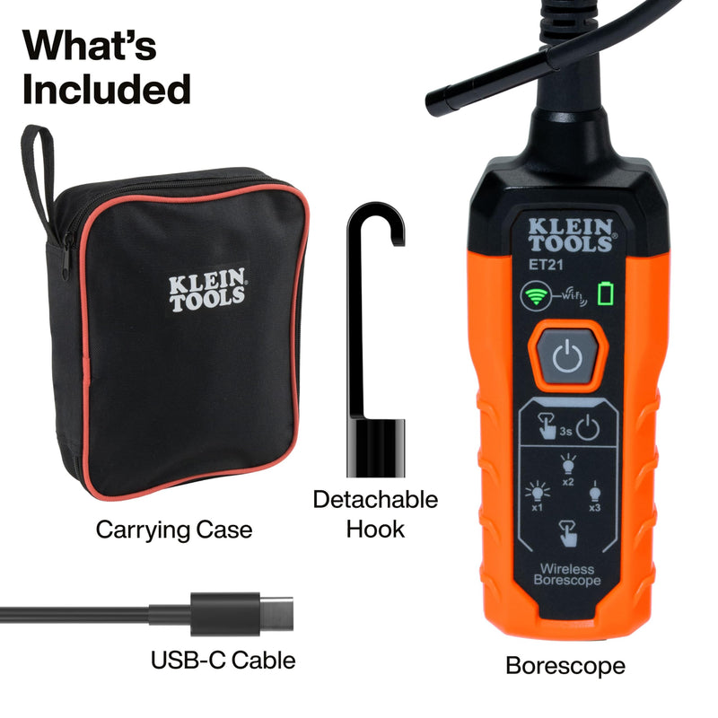 Klein Tools ET21 WiFi Borescope with Light, Inspection Camera for iPhone and Android, Waterproof Camera, IP67 Rated, Adjustable LED Lighting 5 Ft 0.22 in High Flex Snake