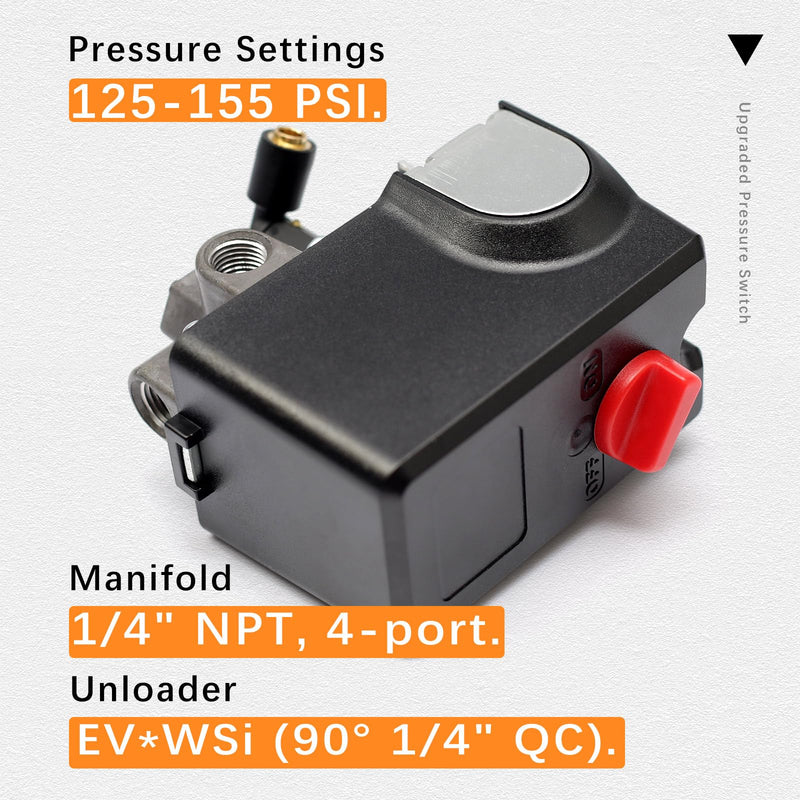 Upgraded Pressure Switch Compatible with Condor MDR 11/11 EA, 26 AMPS 120/240 Volts 120-155 PSI