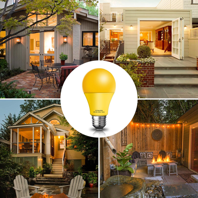 LED Bug Light Bulbs Outdoor 8 Pack,Dimmable 9W Amber Yellow Bug Light Bulbs, 100W Equivalent,A19 Bug Lights for Outside, Bedroom, Hallway Porch Light
