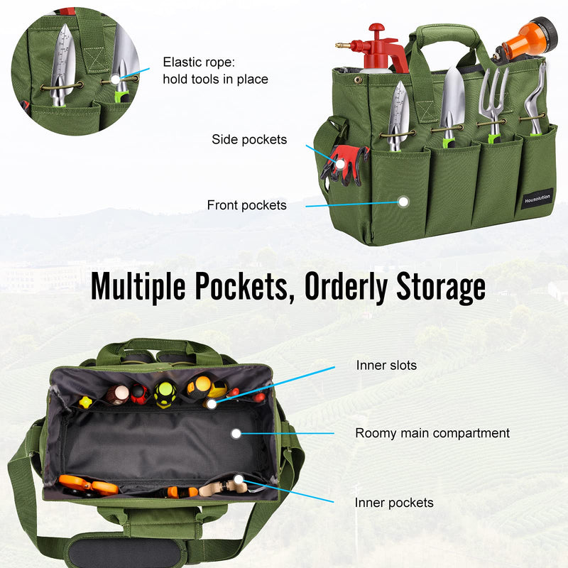 Housolution Garden Tote Bag, 900D Standable Gardening Tool Bag, Garden Tote Storage Bag with Pockets & Long Adjustable Shoulder Strap, Home Tools Organizer Garden Tool Kit Holder, 14 Inch Dark Green