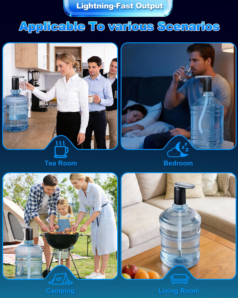 Highest-Output Water Pump for 1/2/3/5 Gallon Bottle,Quiet Water Dispenser | USB-C Rechargeable | Automatic Operation | Portable | Ideal for Camping,Home,Office & World Cup Viewing Parties Silver