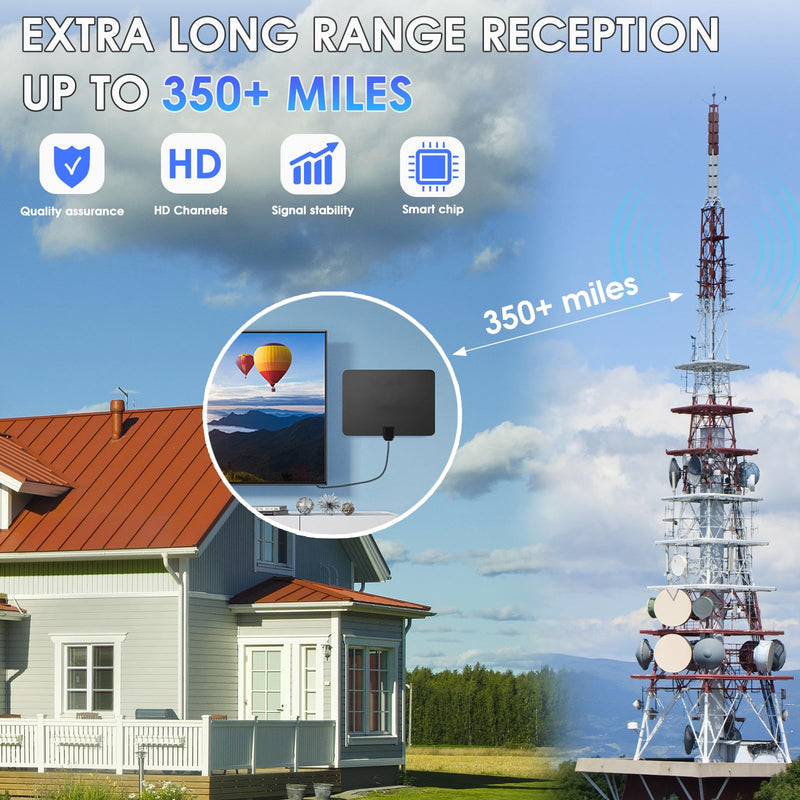 TV Antenna Indoor - Local Channels Digital TV Antenna - Supports 4K 1080p - with Signal Booster - Remote Reception Antenna for Smart TV and Old TVs - 16ft HDTV Coaxial Cable (Black) black Flat thin style