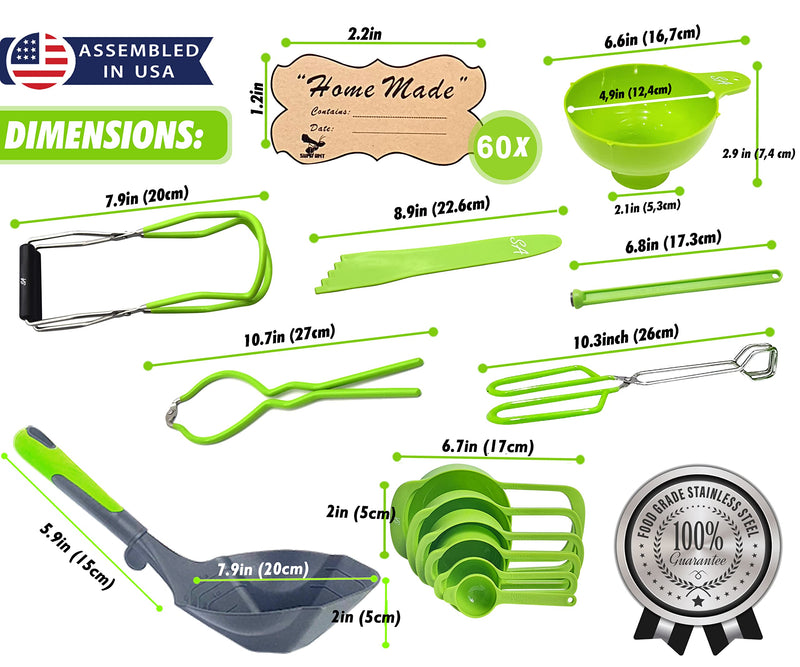 Supa Ant Canning Supplies - US Assembled Certified Food Grade Stainless Steel Canning Kit with XL Ladle, Wide Kitchen Funnel, Jar Lifter and Wrench, Bubble Popper/Measurer, Lid Lifter, Kitchen Tongs Stainless Steel with Green Coating Silver and Green