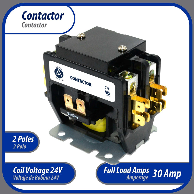 Appli Parts APAC-23024 Heavy Duty Contactor 2 Poles 30A 24V Coil Replacement for AC Compressors and Electrical Applications UL Certified E476929