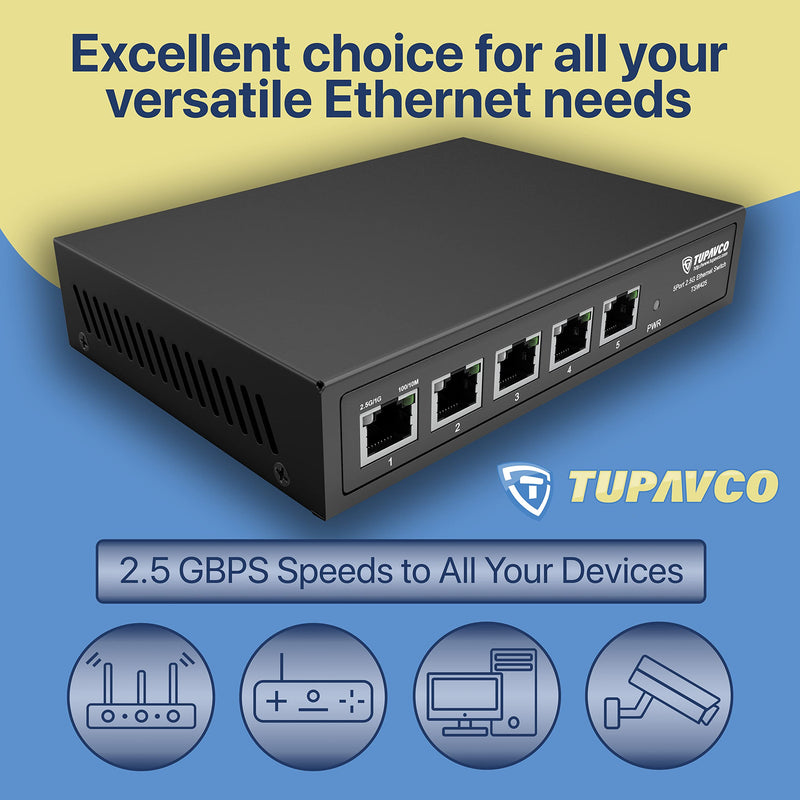 2.5GB Switch (5 Port) for Ethernet Network - High Speed 10M/100M/1G/2.5G Gigabit (802.3bz) - Unmanaged Plug & Play Fanless LAN Splitter - Metal Case - Wall Mountable - Tupavco TP1940 5 x 2.5G Ports (no PoE)