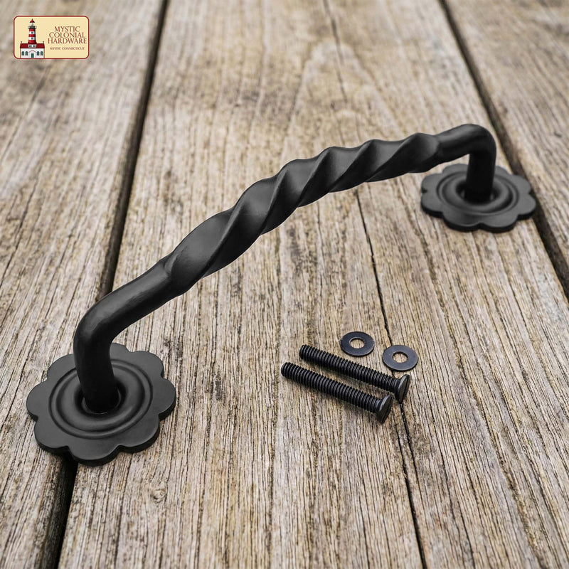 Mystic Colonial Cast Iron Twisted Barn Door Handle – 12 Inch Heavy Duty Black Pull for Gates, Cabinets & Sheds – Vintage Rustic Hardware 12.75 Inch Cast Iron Pull Handle