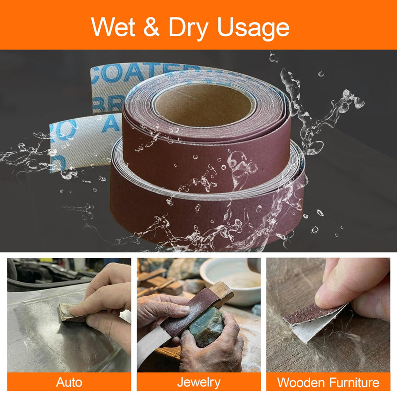 6 Grits Emery Cloth Roll, 1''x 19.7" Sand Paper Roll with Dispenser,80 150 240 320 400 600 Grit Sandpaper Assortment, Wet Emory Cloths for Wood Furniture & Metal & Automotive (6Meters) 6roll8m